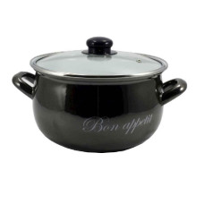 каструля емальована глибока зі скляною кришкою Bon appetit чорний 3,1л. d-18см.  2234А
